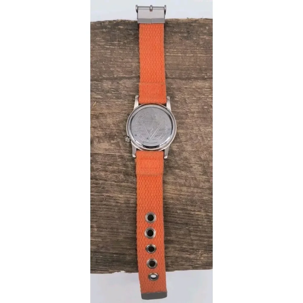 Vintage Guess 36mm Watch 1997 Silver Tone Orange Fabric Band - New Battery
